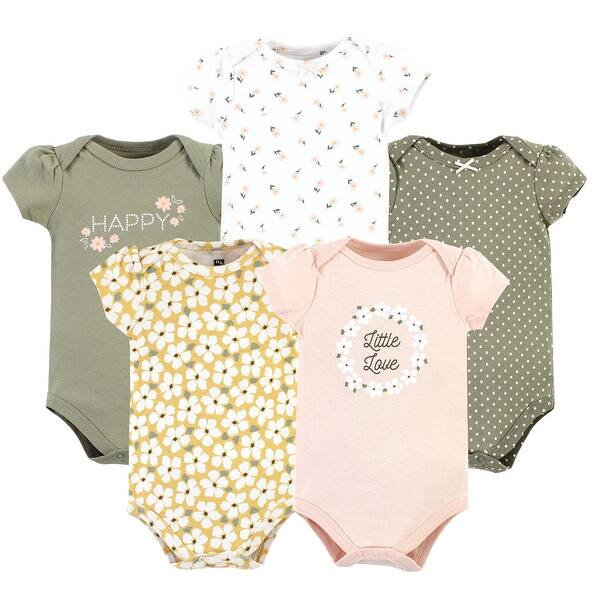 slide 1 of 1, Hudson Baby Infant Girl Cotton Bodysuits, Sage Floral Wreath 5 Pack 0-3 Months - Sage Floral Wreath 5 Pack