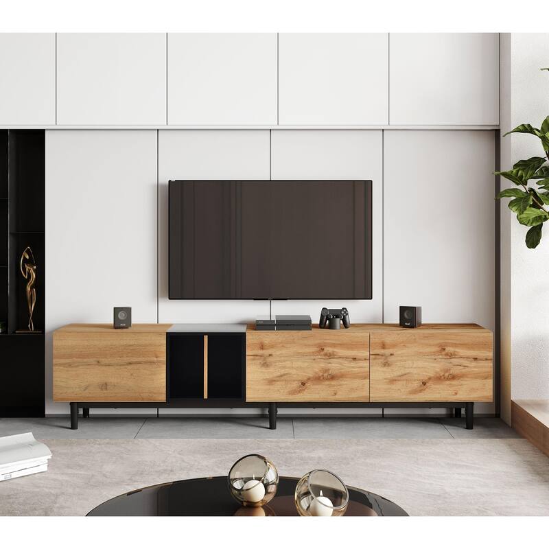 3 Doors Wood TV Stand for 80" TV, Rectangle Media Console Table with Open Storage, Entertainment Center with 3 Cabinet
