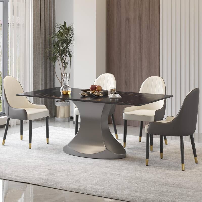Rectangular Dining Table, Faux Marble Kitchen Dining Table with Grey Pedestal.
