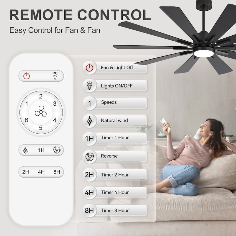 62"/72" Reversible 10-Blade Large LED Ceiling Fan with Light and Remote