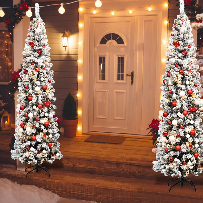 Gymax 7.5ft Snow Flocked Pencil Christmas Tree Artificial Pine Tree w/ - See Details