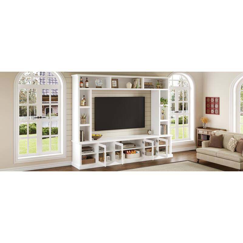 Wall Unit Entertainment Center for TVs up to 80", All-in-One TV Stand with Bookshelves, Glass Doors, Media Console with Shelving