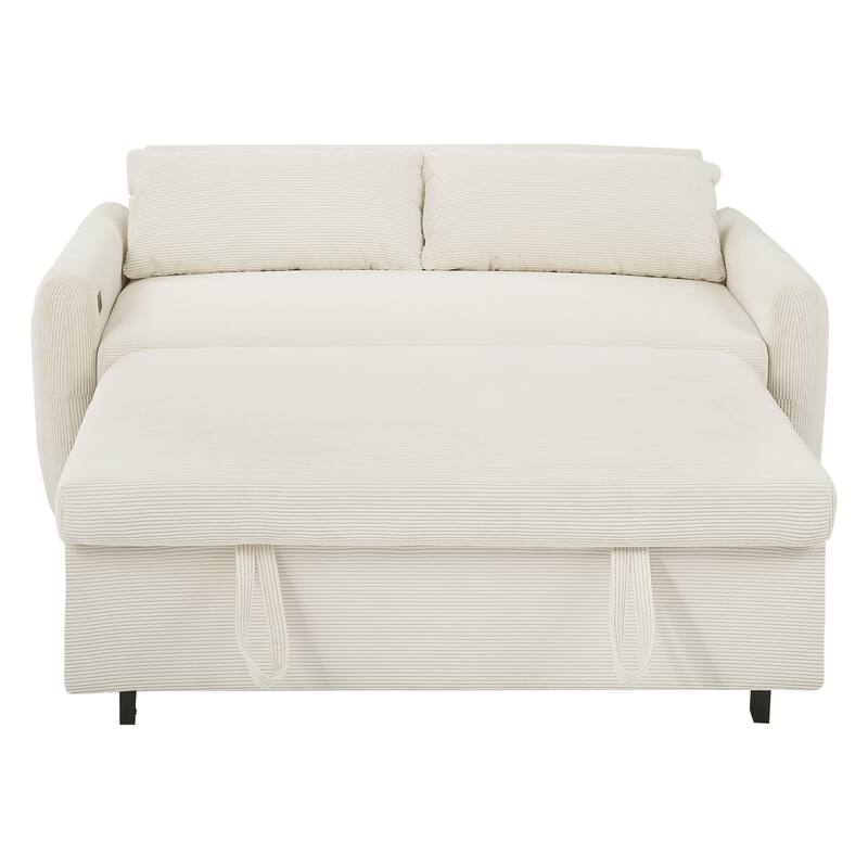 57.48" Corduroy Convertible Sofa Bed with Pull-Out Sleeper, Adjustable Backrest & USB