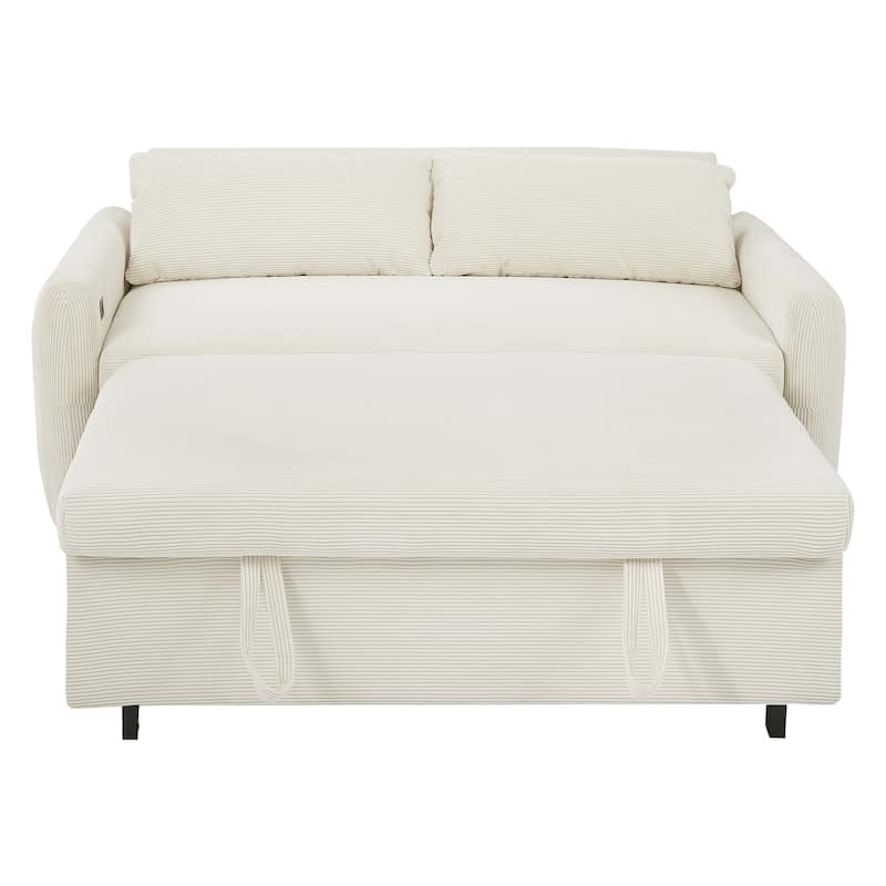 Roomfitters Pull-Out Sofa Bed Convertible 2-Seat Loveseat with Throw Pillows and USB Ports, Modern Sleeper Sofa, Beige
