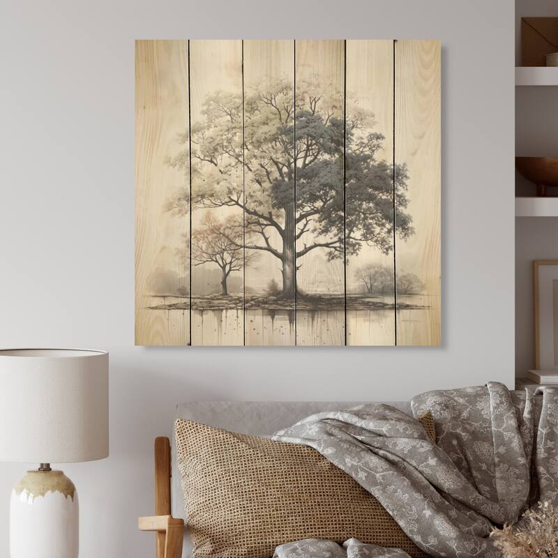 Designart "Subtle Elegance Of Monochrome Tree" Tree Monochrome Wood Wall Decor - Green Wood Panel On Natural Pine Wood