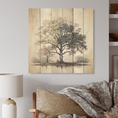 Designart "Subtle Elegance Of Monochrome Tree" Tree Monochrome Wood Wall Decor - Green Wood Panel On Natural Pine Wood