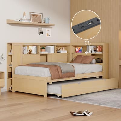 Twin Size Daybed with Storage Shelves, USB Charging & Trundle (250lb Capacity)