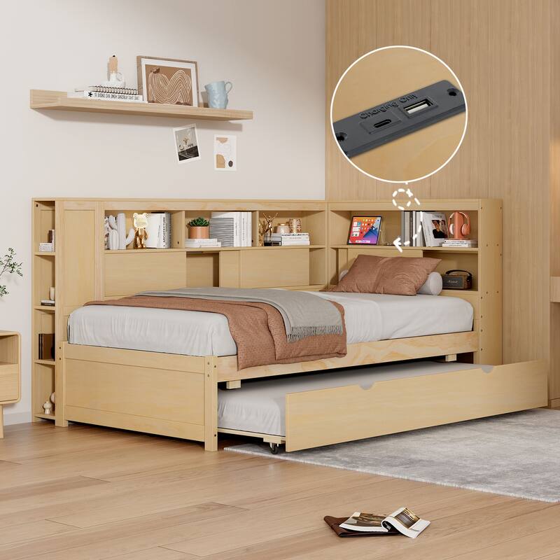 Twin Size Daybed with Storage Shelves and USB Ports, Wooden Platform Bed Daybed Sofa Bed for Living Room, Children's Room