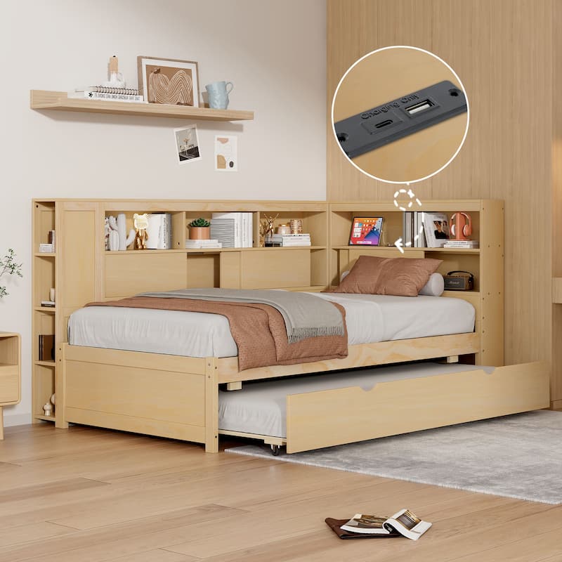 Twin Size Wood Daybed with Pull Out Trundle, Solid Pine Living Room Platform Sofa Bedframe with Storage Shelves and USB Ports