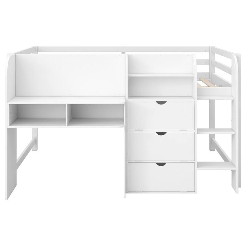 Full Size Low Loft Bed with Built-in Desk, Open Bookcase and Storage Cabinets