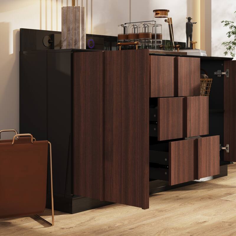 Modern Black High-Gloss Sideboard Buffet Cabinet with Coffee Wood Grain Doors, Sliding Power Outlet & Cable Management Box