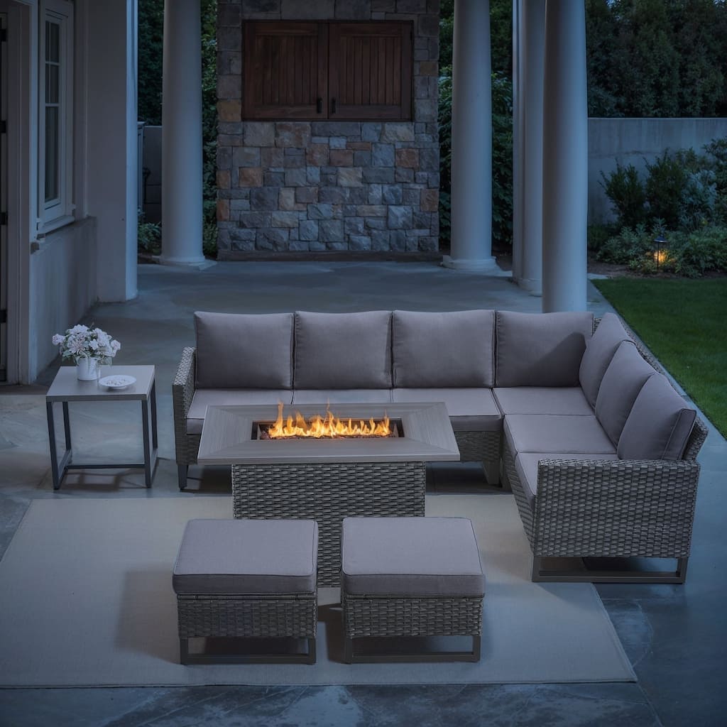 Fire Pit with Table Patio Rattan Sofa Swivel Chair - Grey cushion