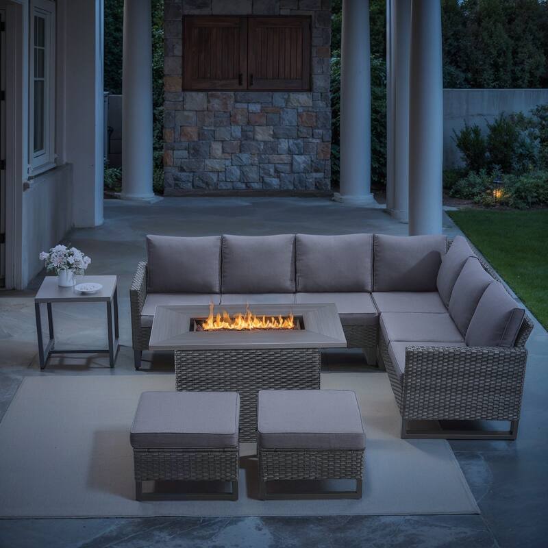 Patio Rattan Sectional Sofa Swivel Chair with Fire pit Table - Grey - Grey
