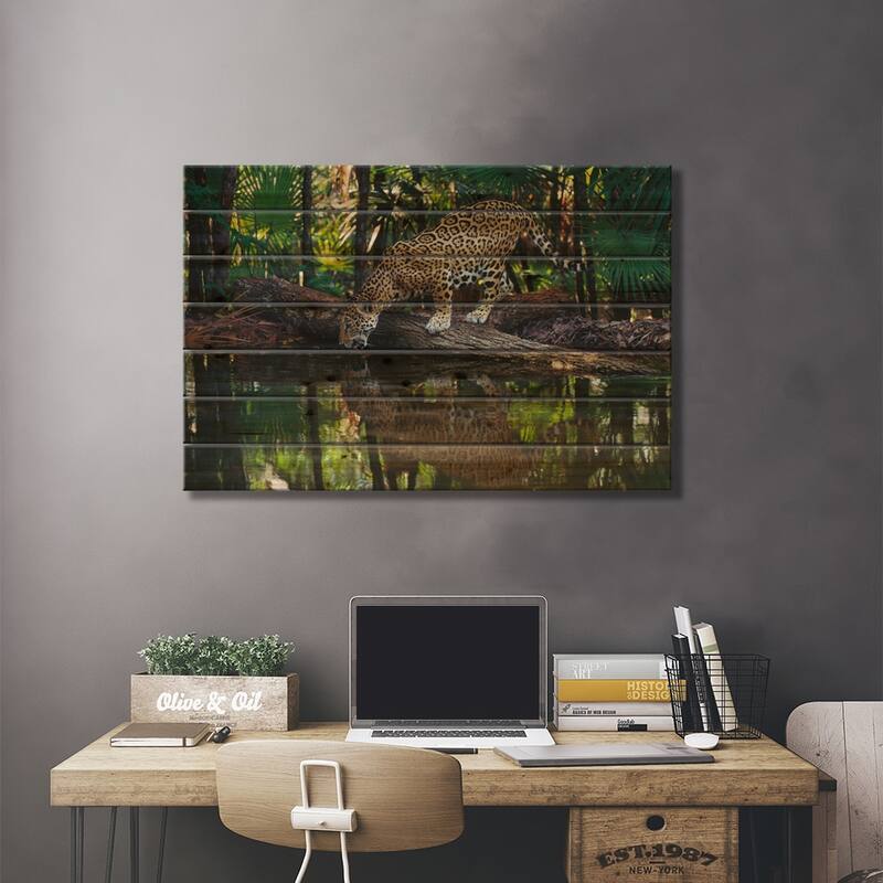 Jaguar Drinking, Belize Zoo, Belize Print On Wood by Gerry Ellis - Multi-Color