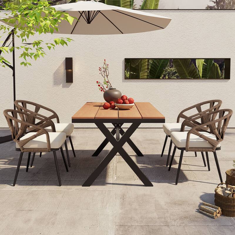 5 Pcs Outdoor Dining Table and Chairs Set, Patio Furniture Sets with PE Rattan Chairs and Rectangular Wood Table