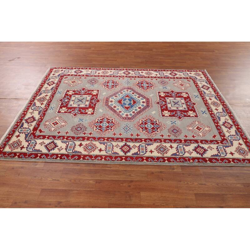 Traditional Grey Kazak Oriental Area Rug Hand-Knotted Wool Carpet - 5'1" x 6'9"