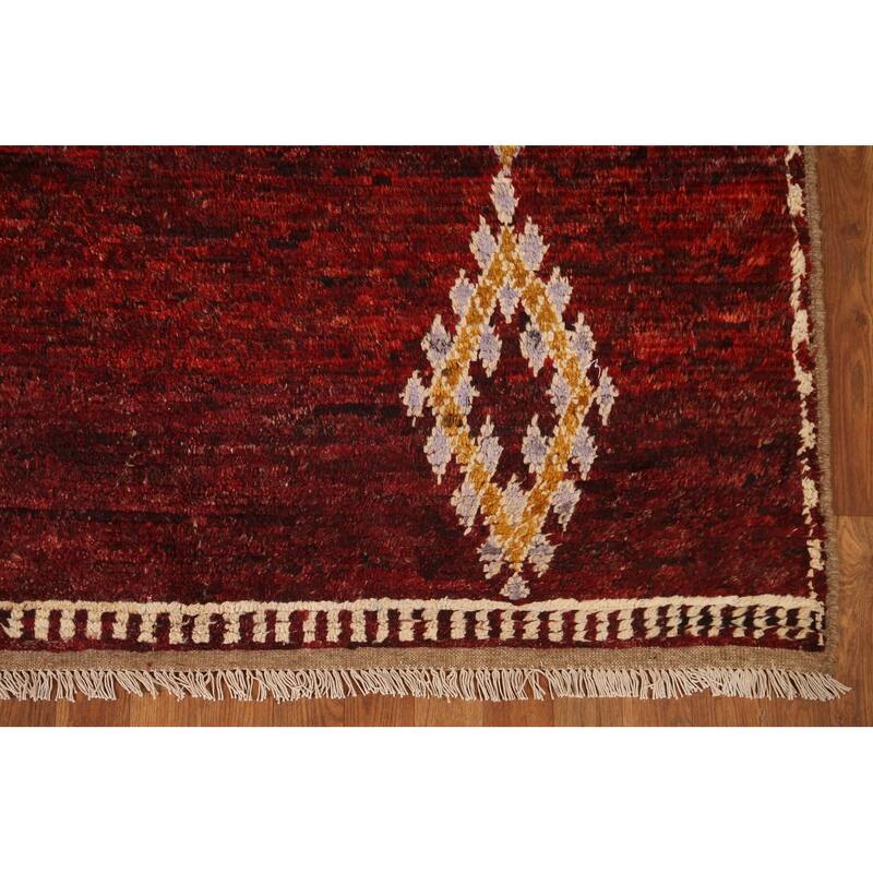 Hand Knotted Oriental 100% Wool Carpet Modern Tribal Red Moroccan Area Rug - 8' 3'' X 5' 3''