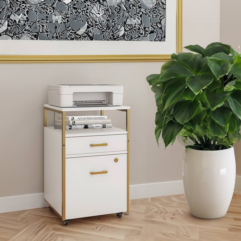 Compact Rolling File Cabinet with Lock, USB Port & Power Outlet - White-Gold
