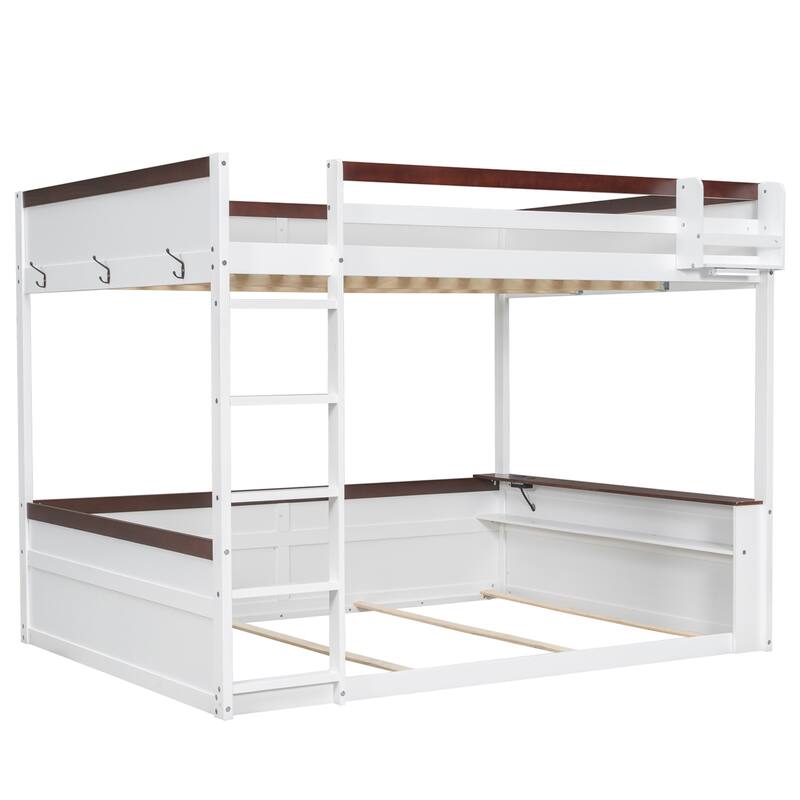 Queen Size Wooden Bunk Bed with Built-in Shelves, Storage Box, 3 Metal Clothes Hooks, Ladder, LED Light and USB Charging Station