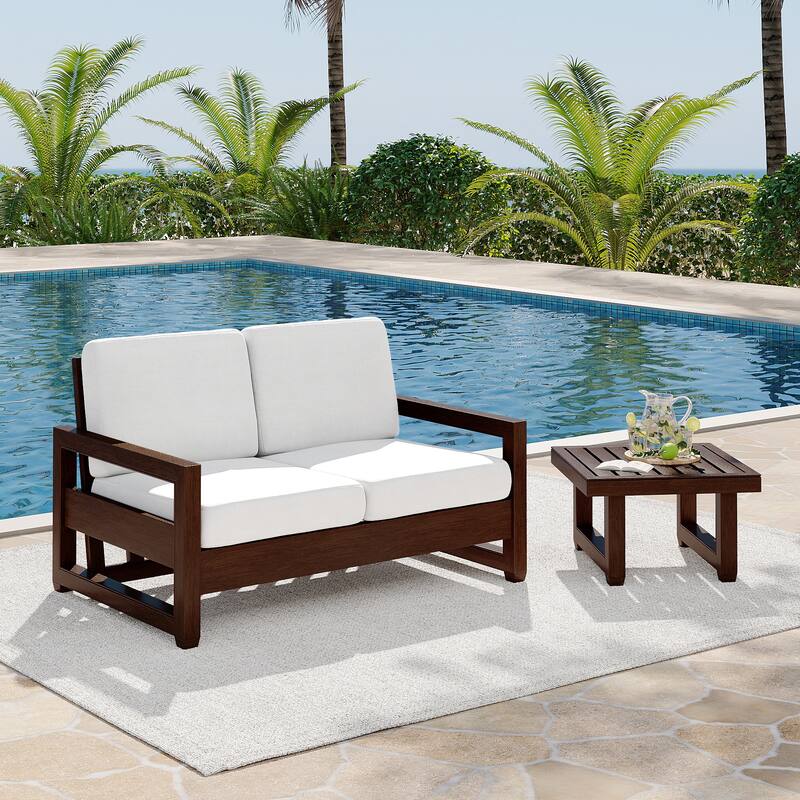 Teak Loveseat Patio Set with Cushions and Table (2-Piece) - Beige/Tan wood - Side table