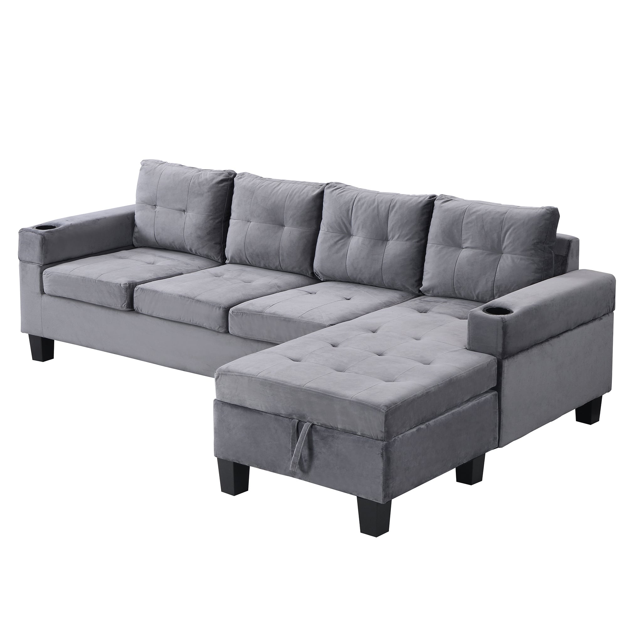 Lshape 4 Seat Couch Set Grey Fabric Sofa Set w/ Storage and Cupholder
