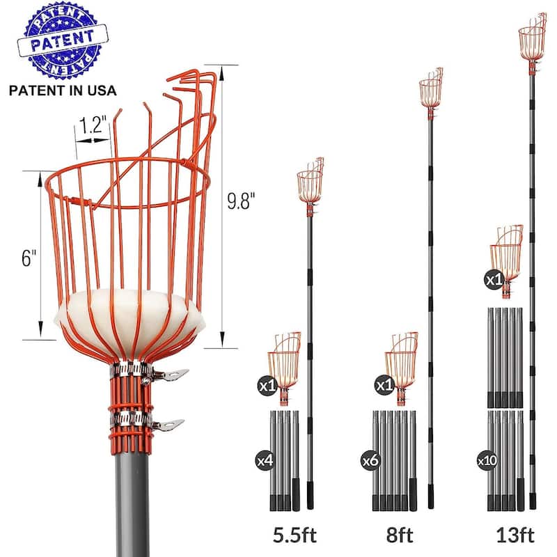 WaLensee 5.5FT Fruit Picker, Adjustable Fruits Picker Tool with Lightweight Stainless Steel Pole and Big Basket