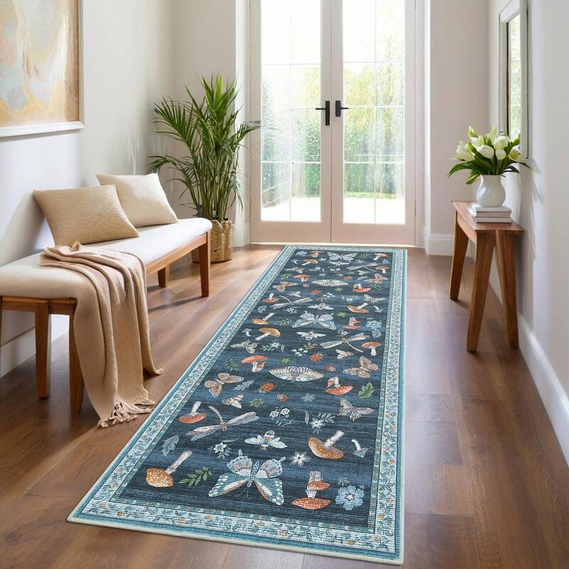 Area Rugs for Living Room Modern Insect Rug Mushroom Pattern Rug Soft Washable Non Slip Low Pile Rug - 2'x6' - Blue