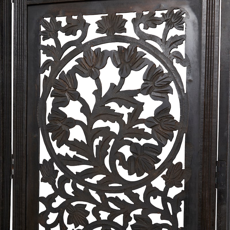 Wood Floral Handmade Foldable Partition Carved 4 Panel Room Divider Screen - Black - Roche River Decor - 1"W x 80"L x 72"H