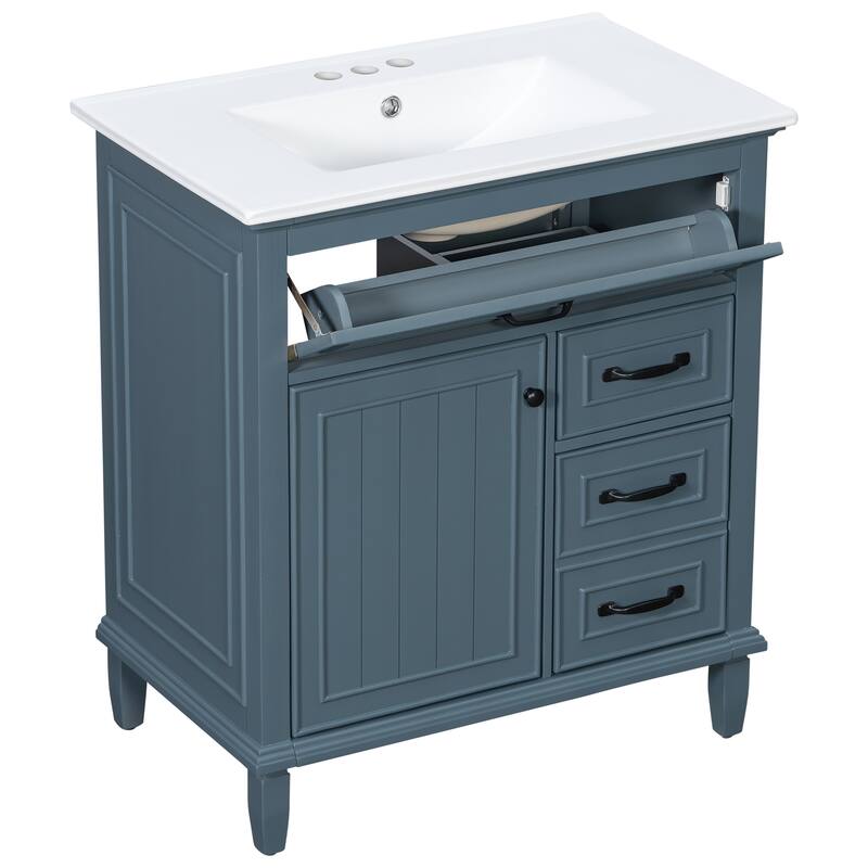 30 Inch Bathroom Vanity with Ceramic Sink Top, Flip Drawers, Freestanding Storage Cabinet (Faucet Not Included)