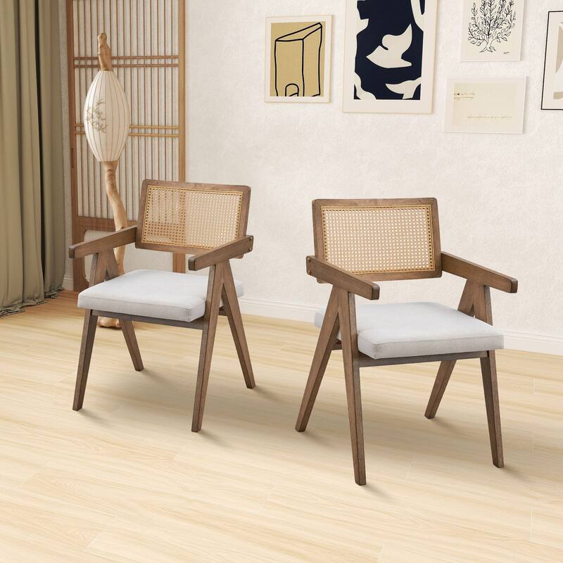2-Piece Dining Chair Set, Solid Rubber Wood, Polyester Upholstered Cushions, Mid-Century Modern Design