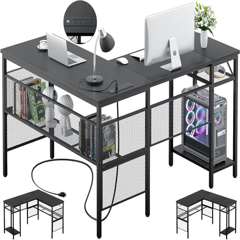 L Shaped Desk with USB Charging Port and Power Outlet - Black