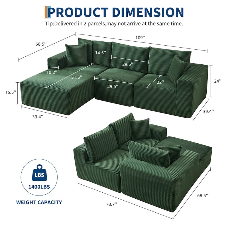 109'' Corduroy Modular Sectional Sofa with Chaise