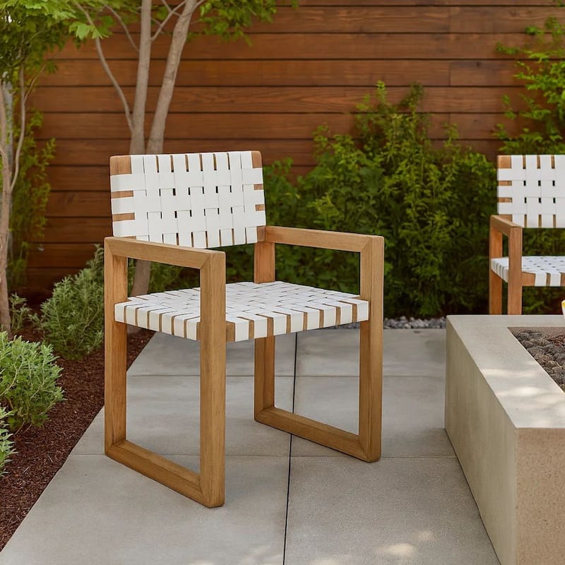 Rux Dining Armchair, Faux Leather Woven Seat, Sled Leg, White, Brown