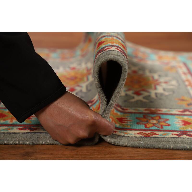 Gray Turquoise Kazak Oriental Foyer Rug Hand-Knotted Wool Carpet - 2'0"x 3'0"