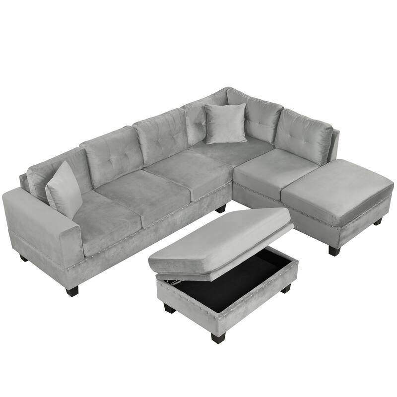 105.1" Velvet L-Shaped Sectional Sofa with Reversible Chaise, Storage Ottoman and Cup Holders