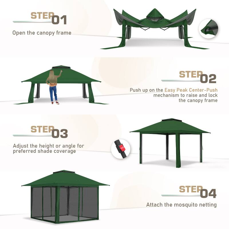 EAGLE PEAK 13x13 Pop Up Gazebo with Mosquito Netting, Easy Up Screened Canopy for Patio and Backyard, Easy Set-up Outdoor Gazebo - Green
