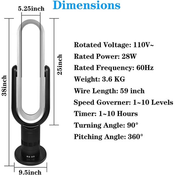 39 in. White Low Noise 10 Speeds Settings Pedestal Bladeless Fan Bed
