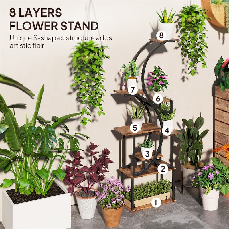 Eight-Tier Corner Plant Stand with S-Shaped Steel Frame and Fir Wood Shelves for Home Decor - 24.4" W x 10.2" D x 61.8" H