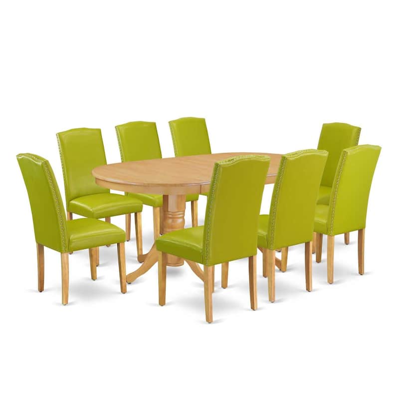 Kitchen Dining Set 9pc Table W/ Leaf & 8 Chairs - Oak Leg, Green PU Leather