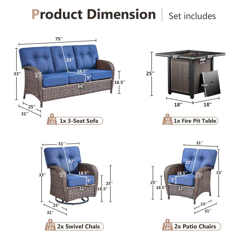 Pocassy Outdoor 30 In Fire Table with Sofa Swivel Patio Chair Set