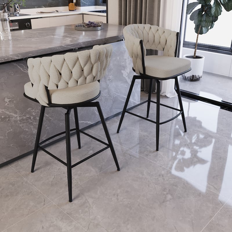 Bar Stool Set of 2, Upholstered Swivel Bar Stool with Woven Back and Armrest, Kitchen Island Chairs with Footrest