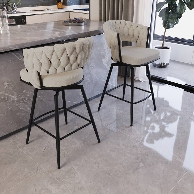Suede Woven Bar Stool Set of 4, No Adjustable Kitchen Island Chairs,360 Swivel Upholstered Counter Stool with Back Footrest