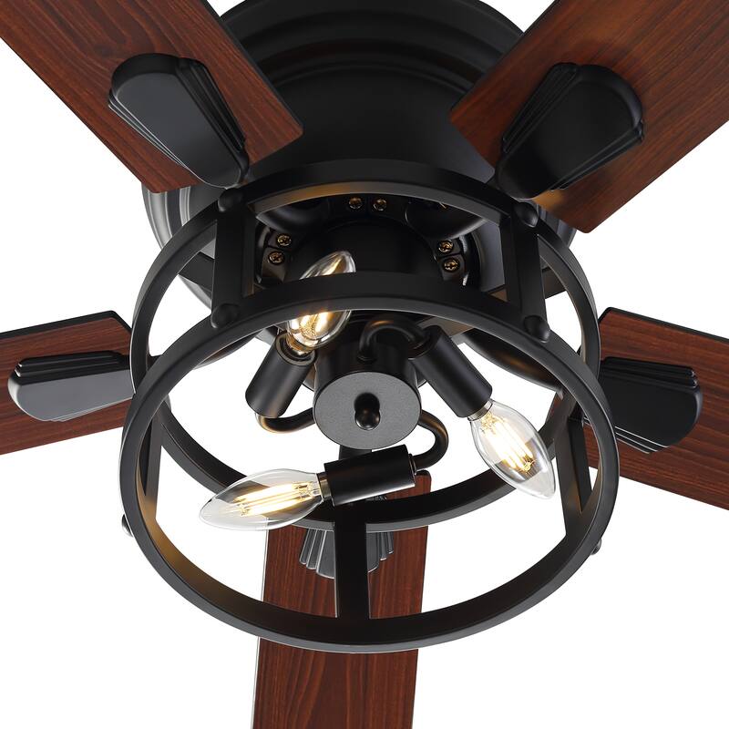 52-inch Flush Mount Caged Ceiling Fan with Light and Remote(5 Reversible Blades)