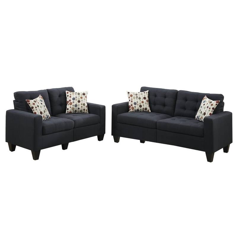 2pc Sofa Set Black Polyfiber Tufted Sofa Loveseat w Pillows Cushion Solid Pine