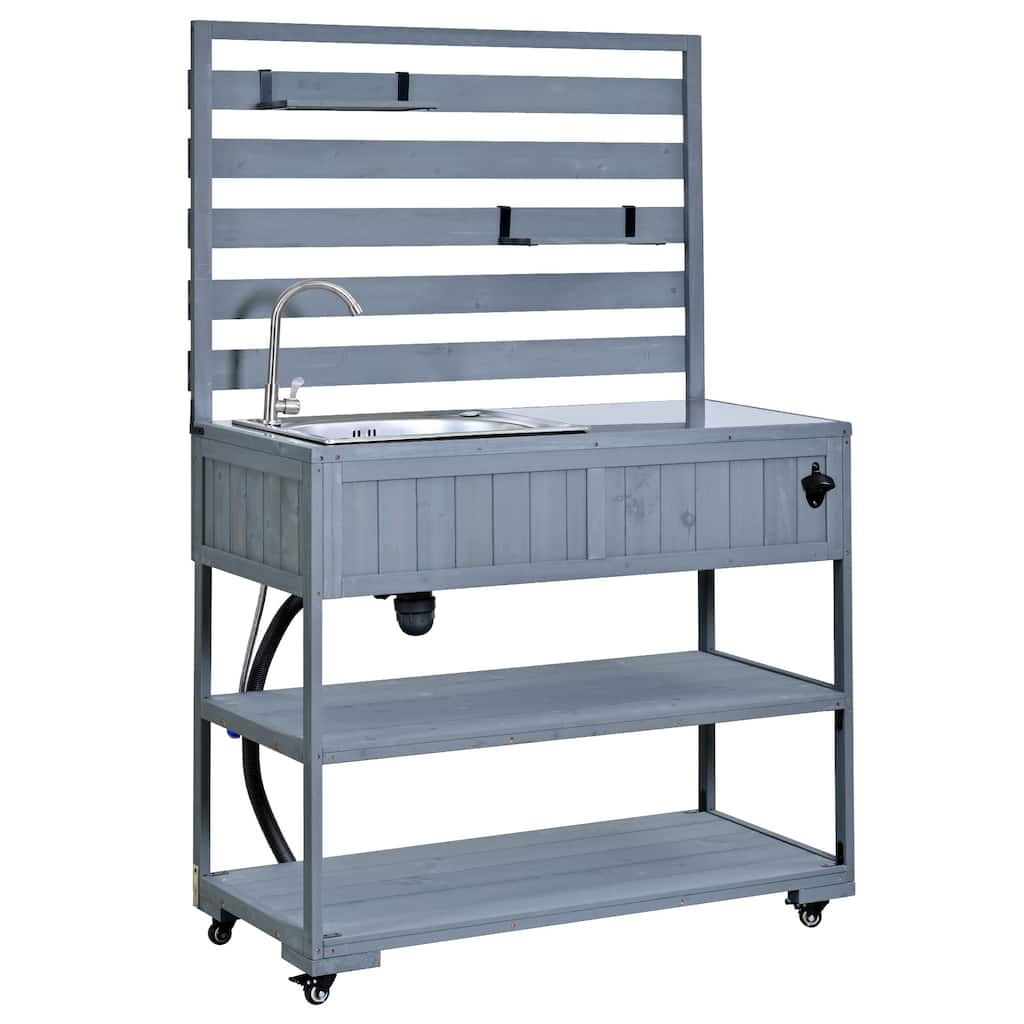 41.7'' Rolling Outdoor Kitchen Island, Solid Wood Kitchen Cart with Sink and Stainless Table Top