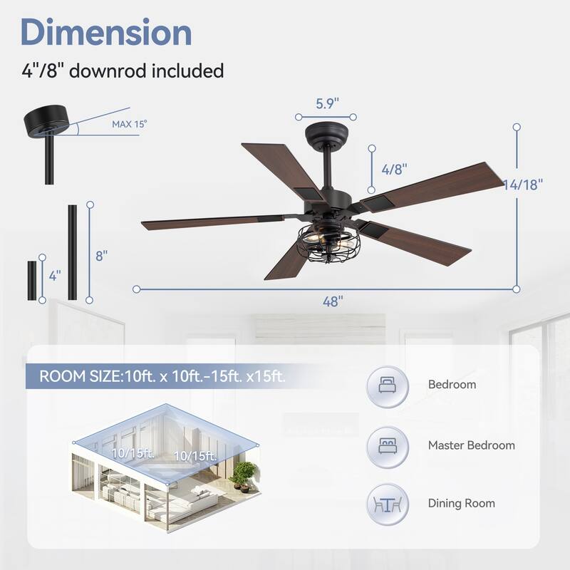 48-inch Reversible Wooden 5-Blades Ceiling Fan with Remote Light