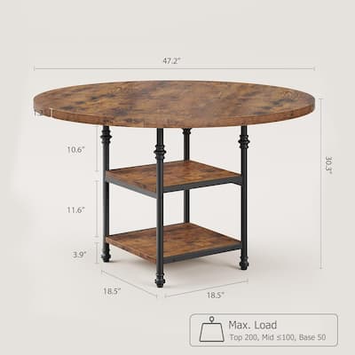 47" Round Dining Table for 4–6, Modern Wood Table with Storage Shelf & Roman Metal Legs, Table Only