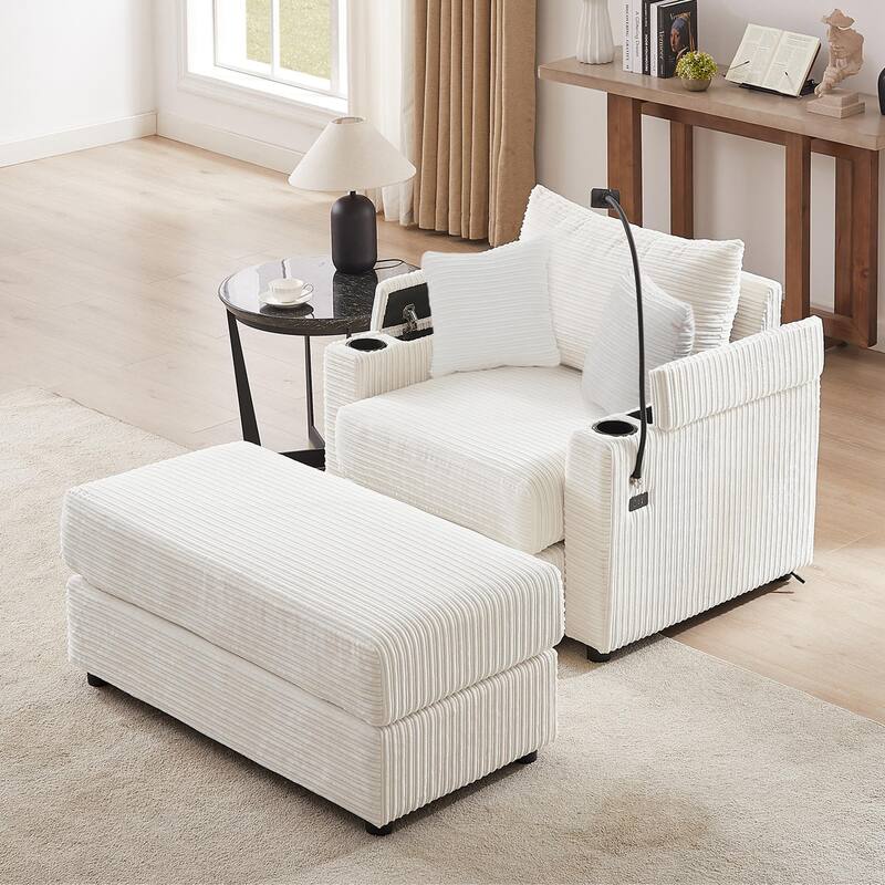 Modern Single Sofa with Movable Ottoman, Hidden Storage, USB Ports, Cup Holders and Phone Holder for Living Room