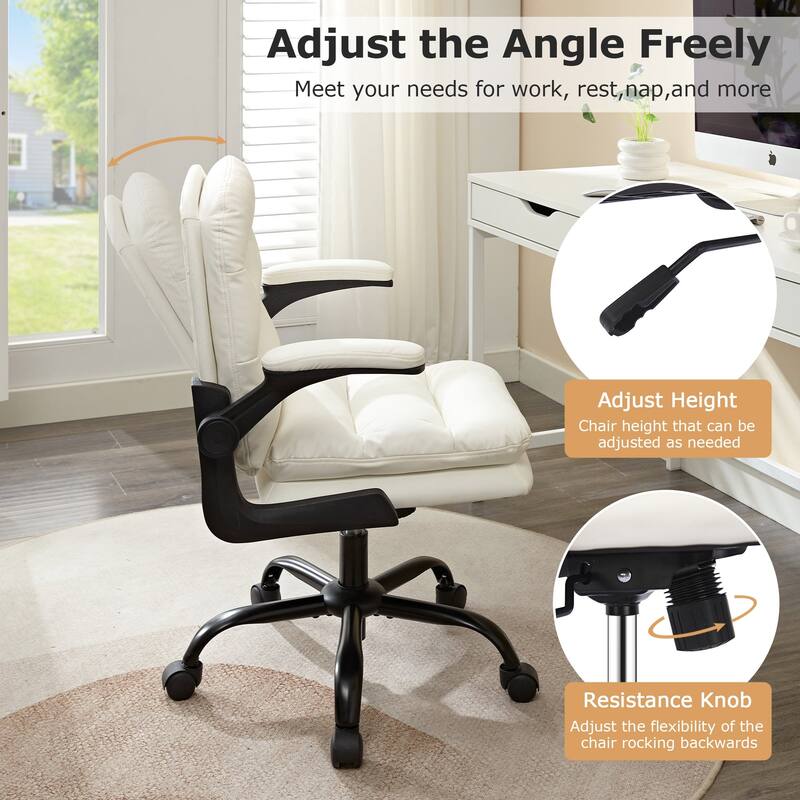 Javlergo White PU Leather Office Chair Adjustable Back 360° Swivel Chair with Flip-Up Arms Ergonomic Desk Chair for Home Office