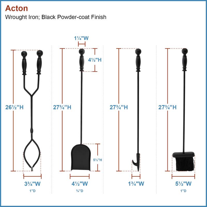 Achla Designs Sutton Set of 4 Fireplace Tools, 30 Inch Tall
